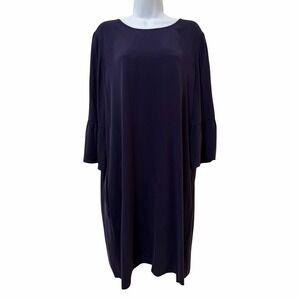 Eileen Fisher Georgette Silk Bell Sleeve Mini Dress Size L Purple Quiet Luxe NWT